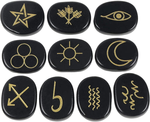 Amogeeli Black Obsidian Witch Rune Stones Set, 10pcs Gypsy Symbol Engraved Crystal for Divination