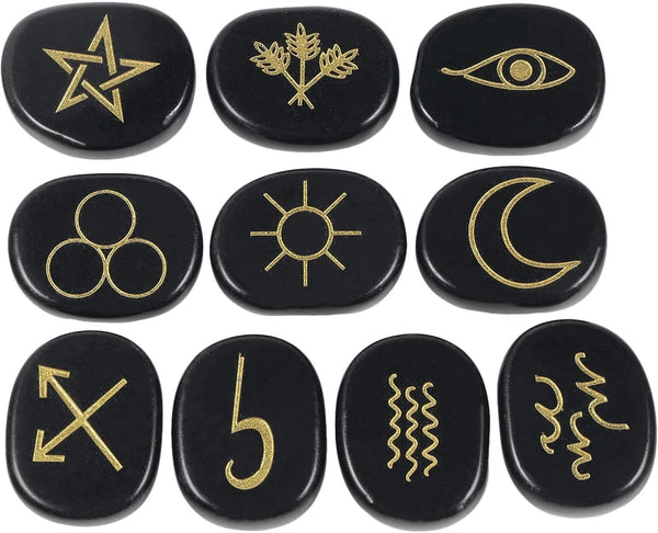 Amogeeli Black Obsidian Witch Rune Stones Set, 10pcs Gypsy Symbol Engraved Crystal for Divination