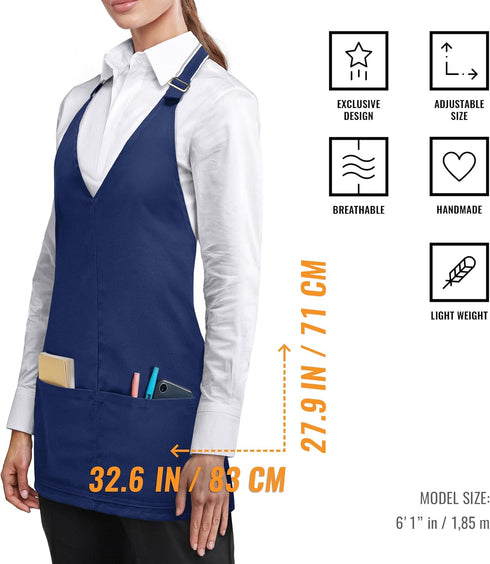 Under NY Sky V Neck Short Apron - Unisex Bib, Tuxedo Style - Lightweight, Front Slit, Hip Pockets - Adjustable