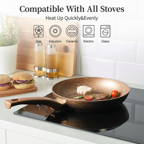 Innwewell Non Stick Frying Pan, Granite Stone Skillet, Safe & No Toxic Cooking Pan, 8inch, Gold