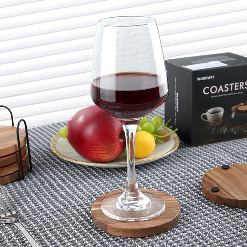Set 6, 4 Inch WLWNWFT Wood Coasters for Drinks Tabletop Protection with Holder of Acacia Wooden Coaster for Coffee