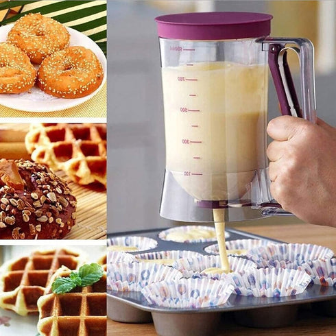 4 Cup Pancake Cupcake Batter Dispenser - 900mL with Measuring Label, Squeeze Handle, Silicone Brush for Baked Goods