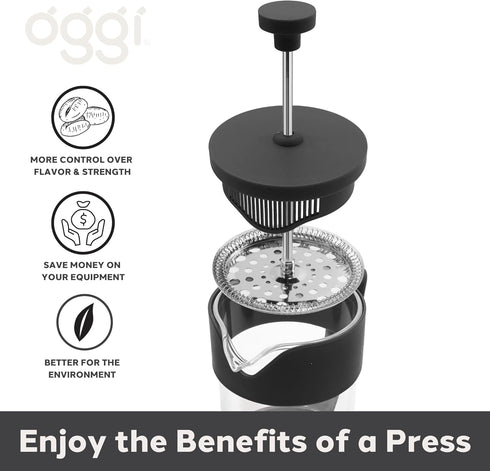Oggi French Press Coffee Maker (20oz) - 5 Cup Capacity, Stainless Steel Lid & Plunger, Great Coffee Gifts