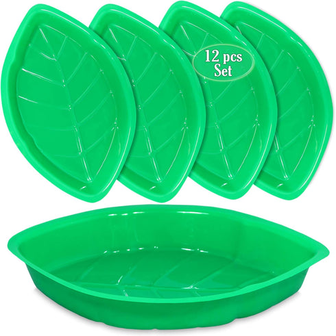 Palm Leaf Serving Trays | 12 Pcs Green Plastic Hawaiian Snack Trays | Tropical Party Serving Platter for BBQ, Summer