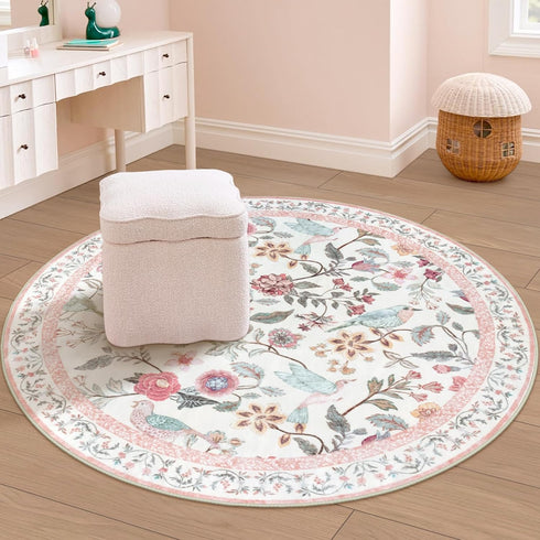 4ft, Rugalia Pink Floral Round Rugs Washable Boho Circle Rug for Girls Bedroom, Soft Non-Slip Botanical Nursery