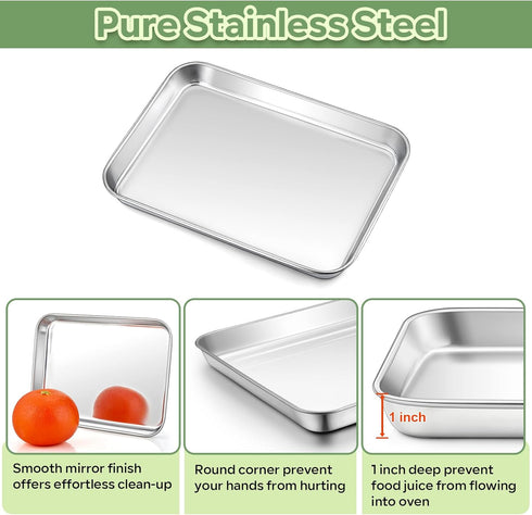 TeamFar Toaster Oven Pan with Rack Set, 9’’ x 7’’ x 1’’ Stainless Steel Baking Tray with Mini Cooling Grid Rack, 2pcs