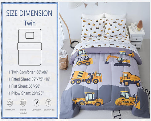Set 4-Piece 3D Set, Cokouchyi Twin Size Comforter for Boys, Bed in a Bag, Construction Bedding Comforter Sheet Ultra