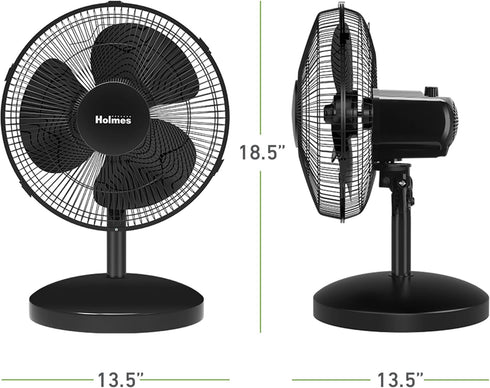 HOLMES 12" Table Fan with 75° Oscillation, 3 Speeds, 15° Adjustable Head Tilt, Ideal for Home, Bedroom, Office, Black