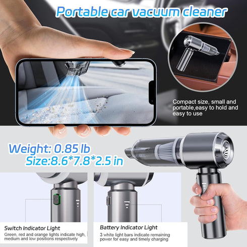 Portable Cordless Handheld Car Vacuum, 15000PA, 3 Speed Adjustable 4 in 1 with Brushless Motor and Multiple Nozzles