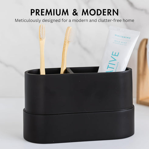 Countertop, 2 Matte Black Large Toothbrush and Toothpaste Holder and Cup for Bathroom Vanity and Compartment Organizer
