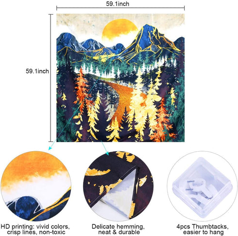 SENYYI Mountain Tapestry Wall Hanging, 59.1 x 59.1 inches, Forest Trees Art Tapestry, Sunset Landscape Home Decor
