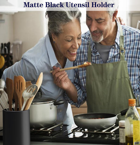 Matte Black Utensil Holder for Countertop, Ceramic Utensil Crock for Kitchen counter Easy to Clean, Modern Cooking Utensil Spatula HolderBy 4.4*6.3 Inch