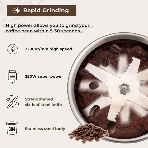 Moongiantgo Coffee Grinder Electric, 250W Mini Spice Grain Mill, 200ml Capacity Dry Grinding Machine with Small Brush, Stainless Steel Blade, for Spices Seeds Rice Beans Seasonings, 110V by Moongiantgo