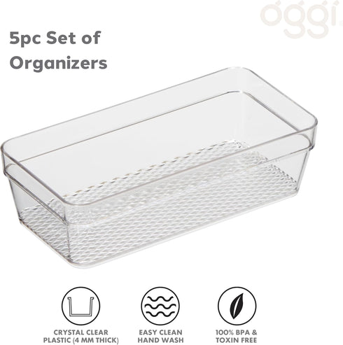 Oggi Set of 5 Clear Drawer Organizers - (1) 3x6.25, (2) 3x9.5, (2) 3x12.5 - Ideal for Organizing Kitchen Drawers, Office, Desk, Silverware, Kitchen Utensils, Cosmetics and Bathrooms