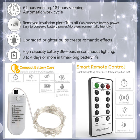6 Pack Battery Operated Fairy Lights - Mini String Lights with Timer, 2 Remote, 20LED Cool White, Waterproof