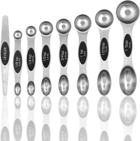Magnetic Measuring Spoons Set of 8 with Leveler, Stainless Steel Metal Measuring Spoon for Dry and Liquid Ingredients