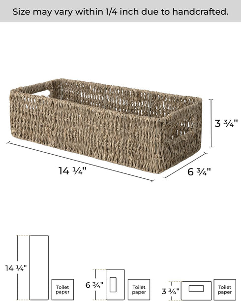 StorageWorks Seagrass Baskets with Built-in Handles, Bathroom Decor Box for Toilet Tank Top, 14 ¼"L x 6 ½"W