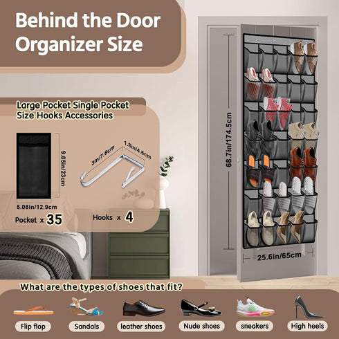 PAULONE 35 (2PCS-Gray) Pocket Over the Door Shoe Organizer,Reusable Breathable Large Mesh Bag Men's & Women's Sneaker