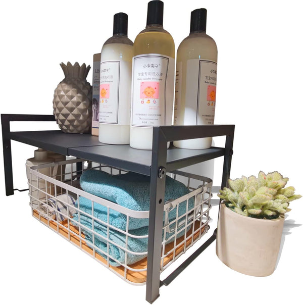 Expandable Kitchen Counter Shelf Organizer 16~26", 10.6" Deep 33LBS Sink Shelf Riser for Pantry Cabinet