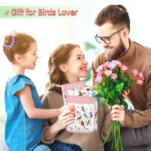 Vansolinne Birds Kitchen Dish Towels, Pot Holder, Oven Mitt with Loop Kit, Spring Gifts for Bird Lovers, BBQ Grilling,
