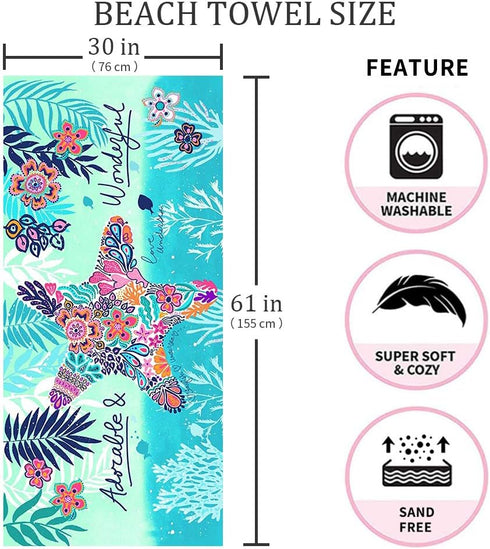Microfiber Beach Towel, Oversized 30×60 inch Sand Free Quick Dry Lightweight Towel with Cute Starfish Design