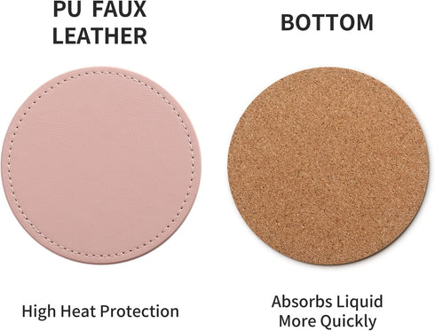 Set 6, Set CASEGRACE Drink Coasters with Metal Holder Stand of PU Leather Absorbent Coasters with Cork Base Table