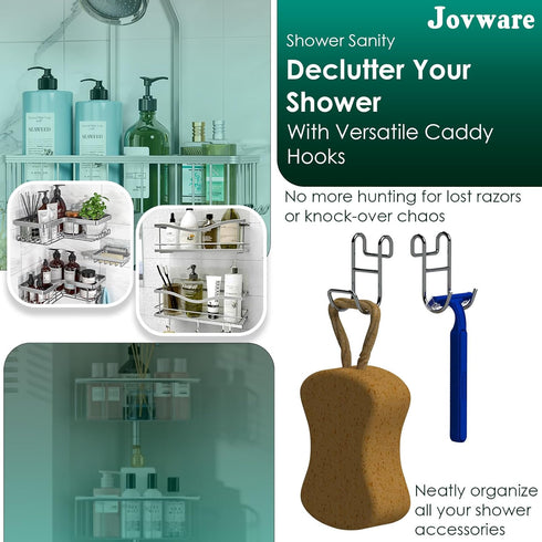 Shower Caddy Shelf Basket Rack Hooks, Stainless Steel Bathroom Hangers for Loofah, Towel, 2 Pack
