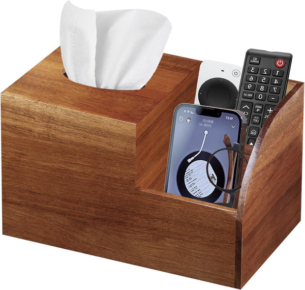 BIBELUN Square Tissue Box Cover,Multi-Functional Wood Tissue Box Holder with Storage Grid,Tissue
