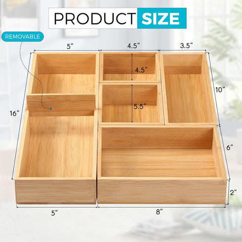 Fabsome Bamboo Bathroom Drawer Organizer, Set of 5 Small Wooden Containers for Makeup, Junk, Tea Storage