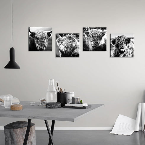 DJSYLIFE Highland Cow Wall Art - Black and White Cow Pictures, Modern Rustic Decor for Bedroom or Office