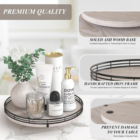 12" Farmhouse Lazy Susan for Kitchen & Coffee Table Decor Rustic Whitewashed Wood Tray with Black Metal Frame