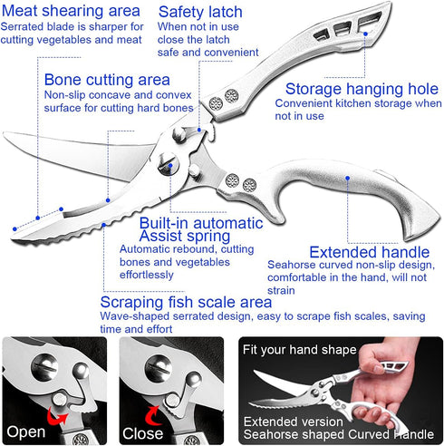 ANDONG Heavy Duty Professional Kitchen Scissors - Ultra Sharp Spring Loaded Stainless Steel Multipurpose Shears for