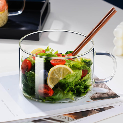 Ramen Bowl Set, Glass Salad Bowl with Lid, 34oz Portable Ramen Cooker with Handle, Microwavable with Chopsticks