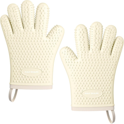 Silicone Oven Mitts, Heat Resistant 450 Degrees, Waterproof Non-Slip Gloves for Baking Cooking (White)