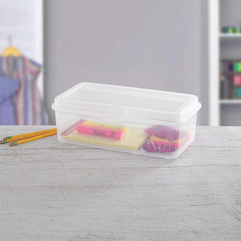 Sterilite Large FlipTop, Stackable Small Storage Bin, Clear, 6-Pack, Hinging Lid, Organize Desk