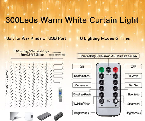 300 9.8 FTx9.8 8 Ollny Christmas Curtain Lights LED FT, Outdoor Waterproof Curtain String Lights with Remote Timer