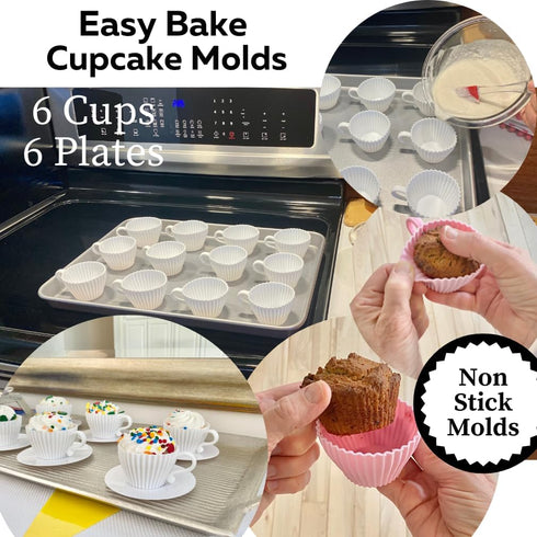 Evelots Teacup Silicone Cupcake Liners for Baking 12 Pc Set Oven Safe Non Stick (6 Cups & 6 Saucers) Reusable Baking Muffin Cups - BPA Free -2 Colors by Evelots