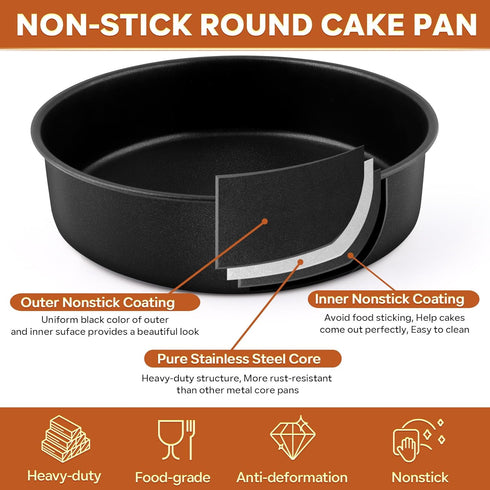P&P CHEF Nonstick Cake Pan Set of 4 (4 + 6 + 8 + 9.5 Inch), Round Baking Pans for Layer Cake, Oven Safe
