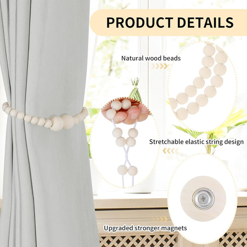2 Pack Magnetic Curtain Tiebacks, Curtain Holdbacks for Draperies, Wood Bead Curtain Tiebacks, Elegant Curtain Tie
