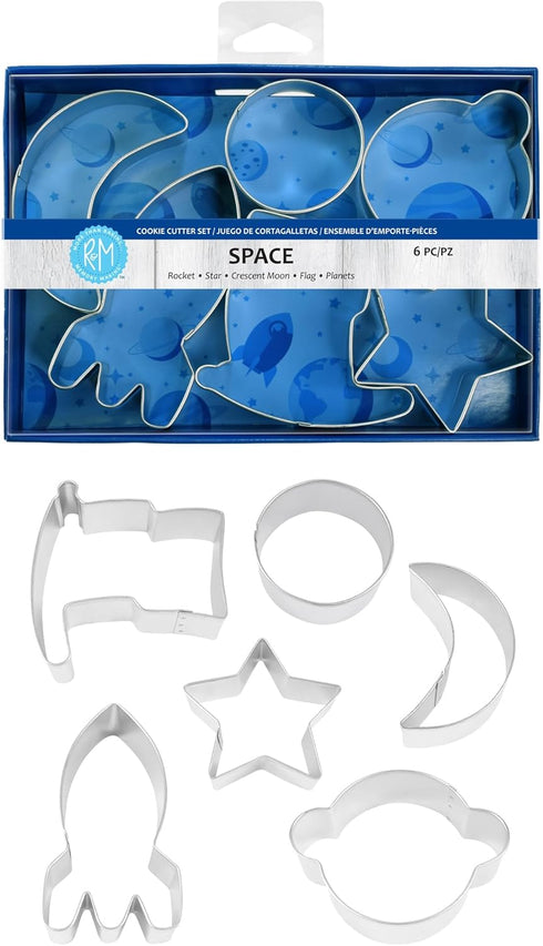 R&M International Space Cookie Cutters, 6-Piece Set, Rocket, Star, Crescent Moon, Flag, Planet, Circle