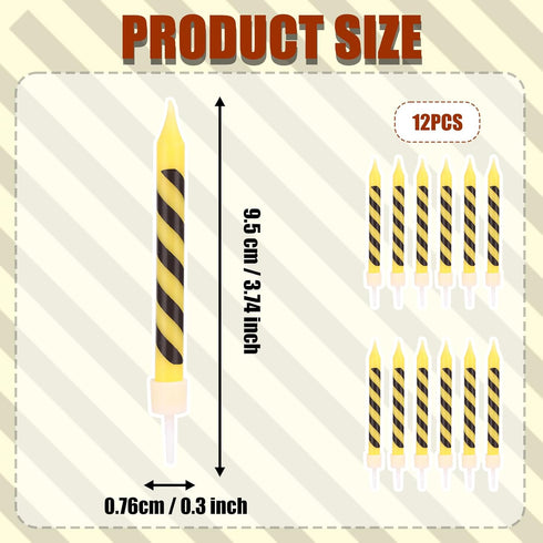 PEUTIER 12pcs Construction Birthday Candles, Yellow and Black Striped Charm Candle Construction Themed Birthday Candles