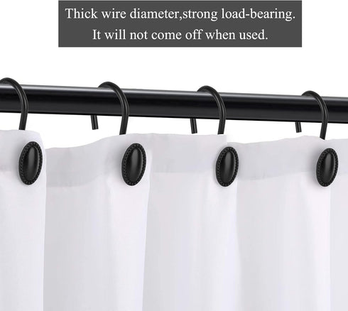 Shower Curtain Hooks, Set of 12, Black, Decorative, Zinc, Rust Resistant, Regular Size for Standard Shower Poles