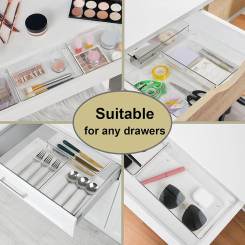 Clear Drawer Organizer Bins Set, 3pc Transparent Rectangle Trays for Bathroom Makeup Vanity and Office Desk Storage