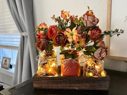 DUOER 3 Pcs Mason Jar Centerpiece Table Decorations for Dining Table Decor Farmhouse Coffee Table Decor with Wood Tray