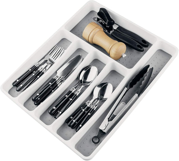 LeMuna 6 Compartment Silverware Organizer Tray for Drawer, Kitchen Drawer Organizer with Soft Grip Lining and Non-Slip