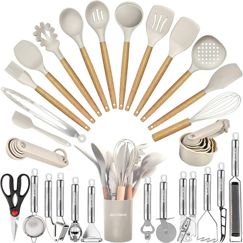 Kitchen Utensils Set, 35 PCs Cooking Utensils with Grater, Tongs, Spoon Spatula & Turner, Silicone & Wooden Handles