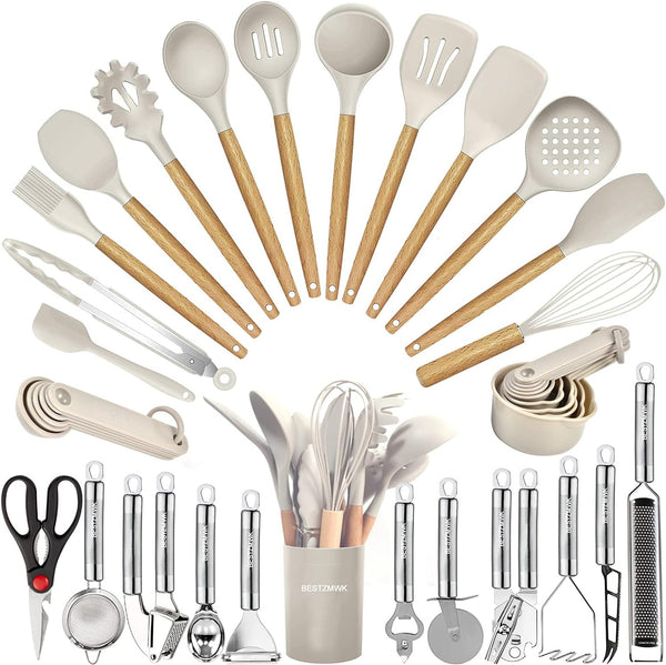 Kitchen Utensils Set, 35 PCs Cooking Utensils with Grater, Tongs, Spoon Spatula & Turner, Silicone & Wooden Handles