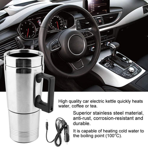 Travel Kettle for Car, 500ml Fast Boil Electric Kettle, Stainless Steel Thermal Heated Mug for Tea, Coffee, 12V