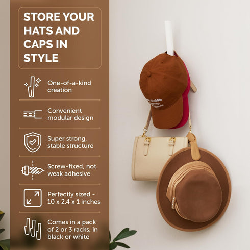 Hat Storage for Baseball Caps - Sturdy Space Saving Wall Display Holder for Hats, Bags, Clothes, Easy to Install