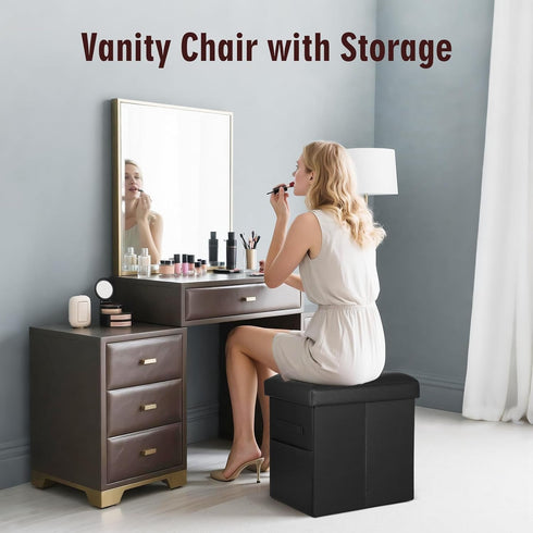350 lbs, 17x13x17in, Storage Ottoman Foot Rest Stool with Thicker Foam Padded Seat. Slim Tall Folding Leather Small